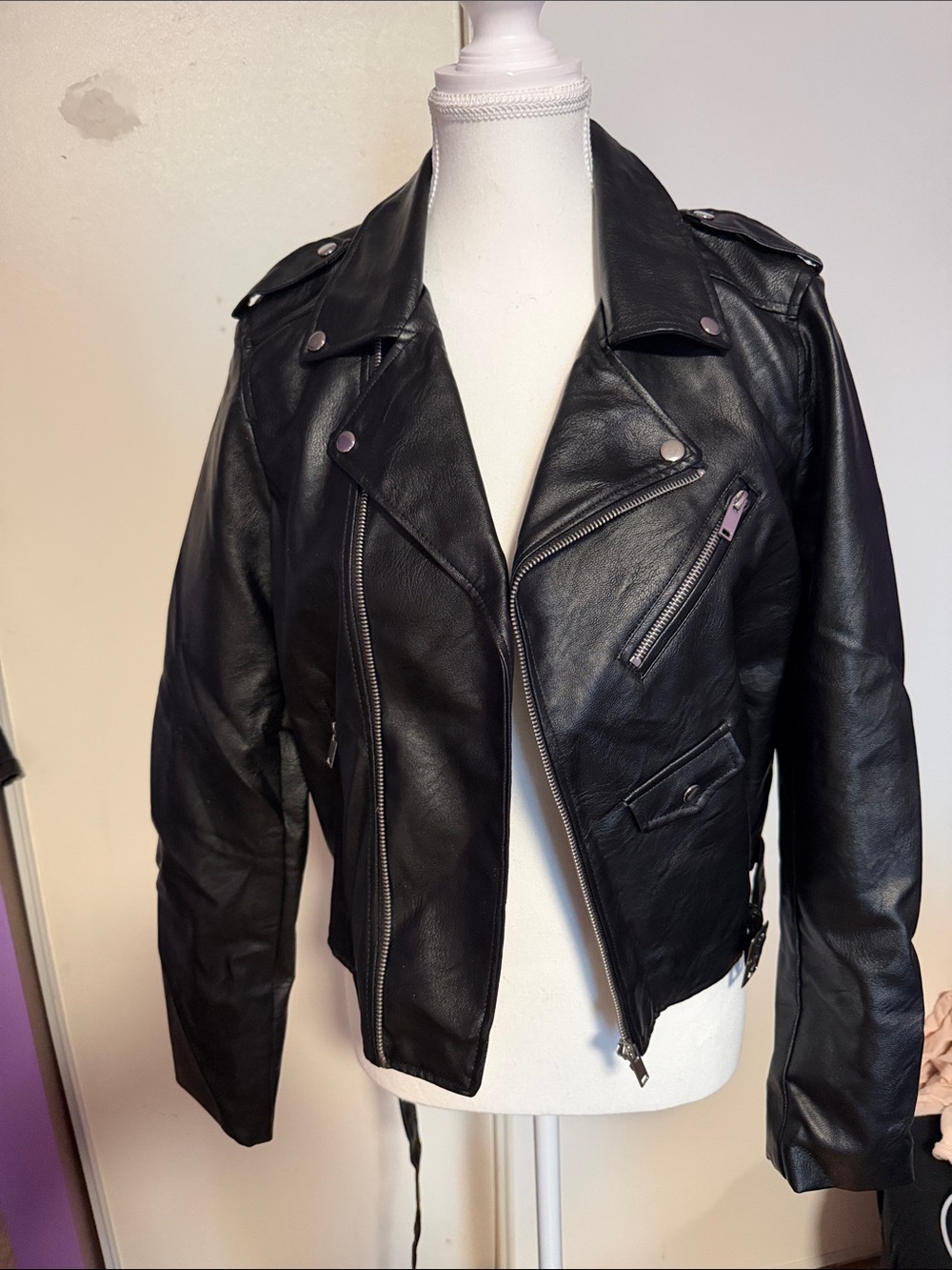 Love Tree Black Faux Leather Biker Jacket with Moto Details